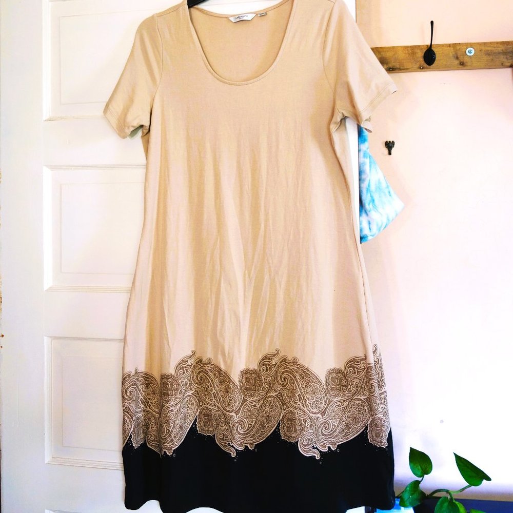 Liz Claibourne Tan/ Brown Pasiley Border Print Dress Size M